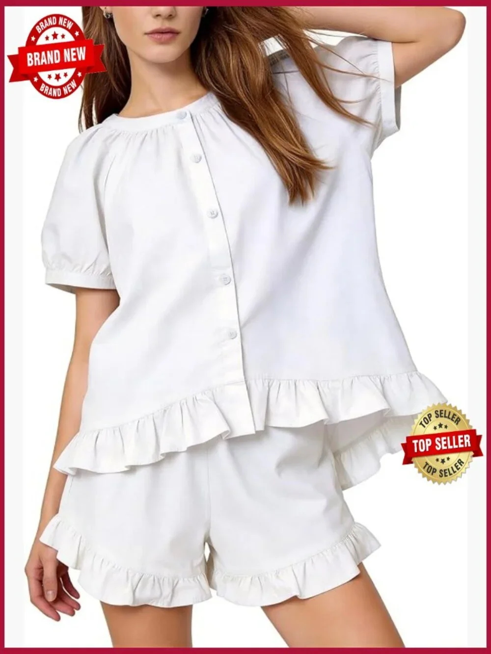 Women's 2 Piece Cotton Ruffle Pajama Set Puff Sleeve Babydoll Top Shorts Lounge